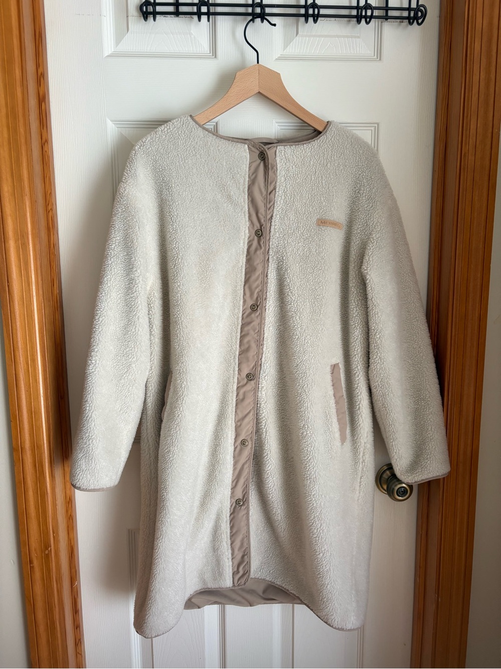 Merrell Cream Sherpa Fleece Long Coat Snap Front Size 100